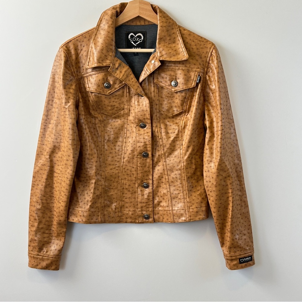 Vintage XOXO 90s Faux Leather Jacket Brown Alligator Button Up USA Made Medium